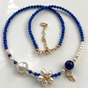 GP43-Handmade Pearl Flower And Lapis Lazuli Necklace